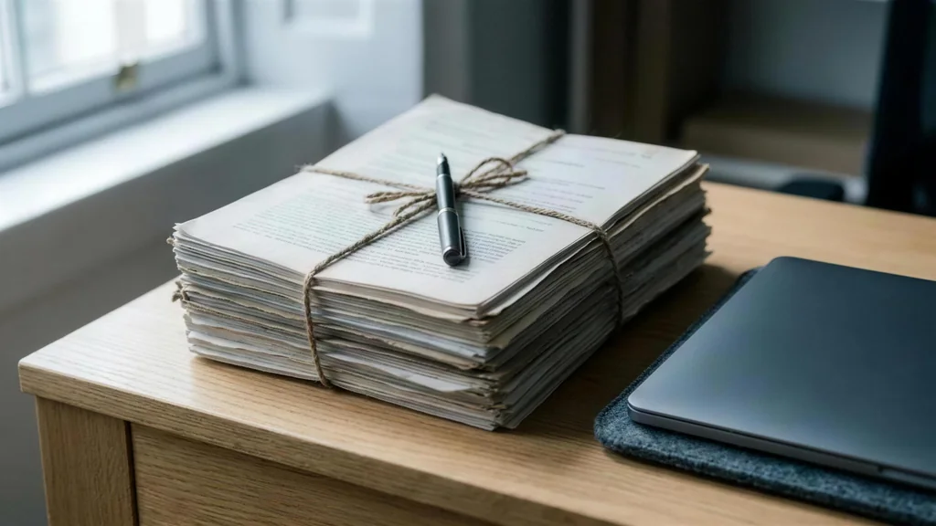 Documentos de un procedimiento sobre una mesa de despacho